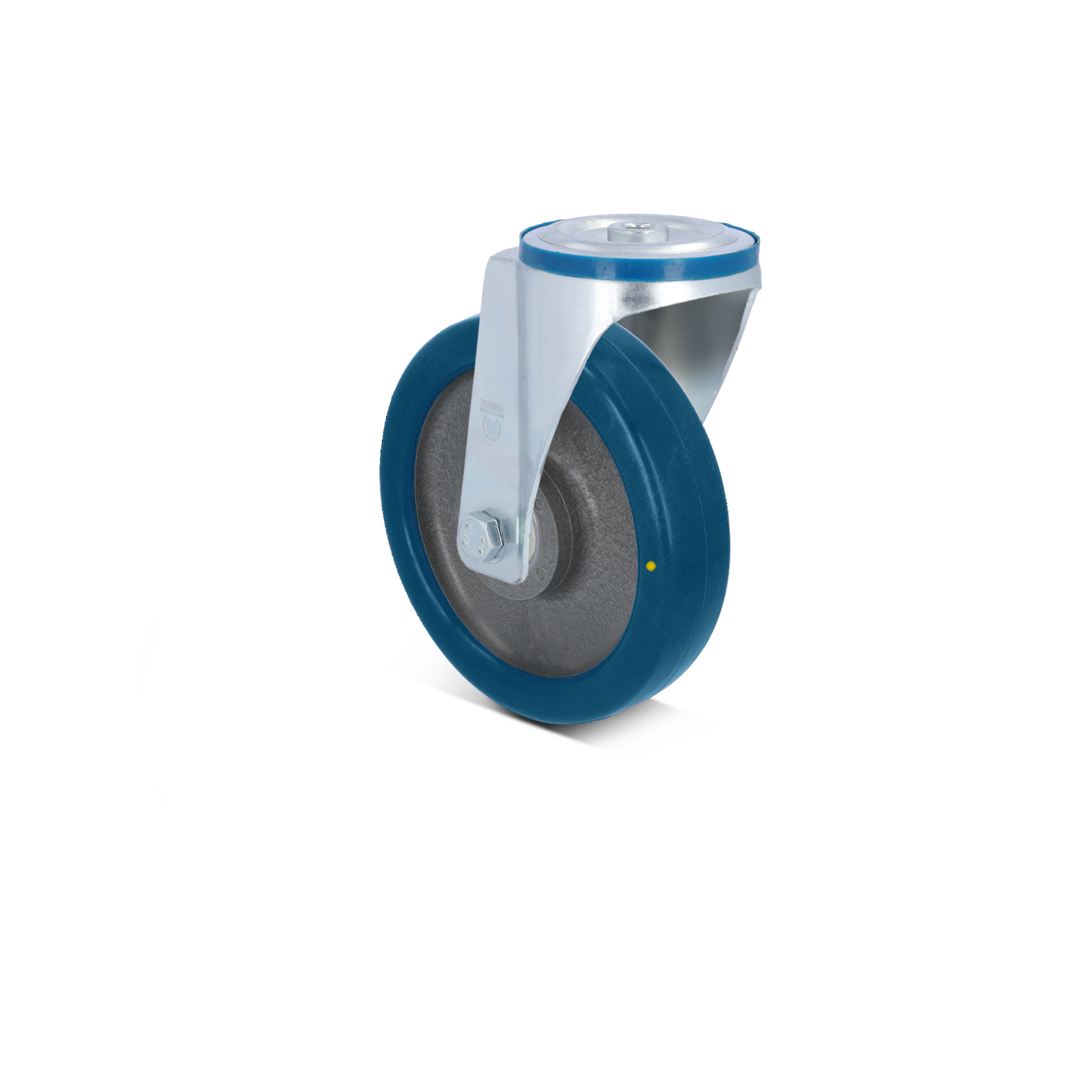 Een stevige industriële wiel met een blauw rubberen loopvlak en een metalen bevestigingsplaat. Het wiel is geschikt voor zware toepassingen en staat op een neutrale, schone achtergrond.