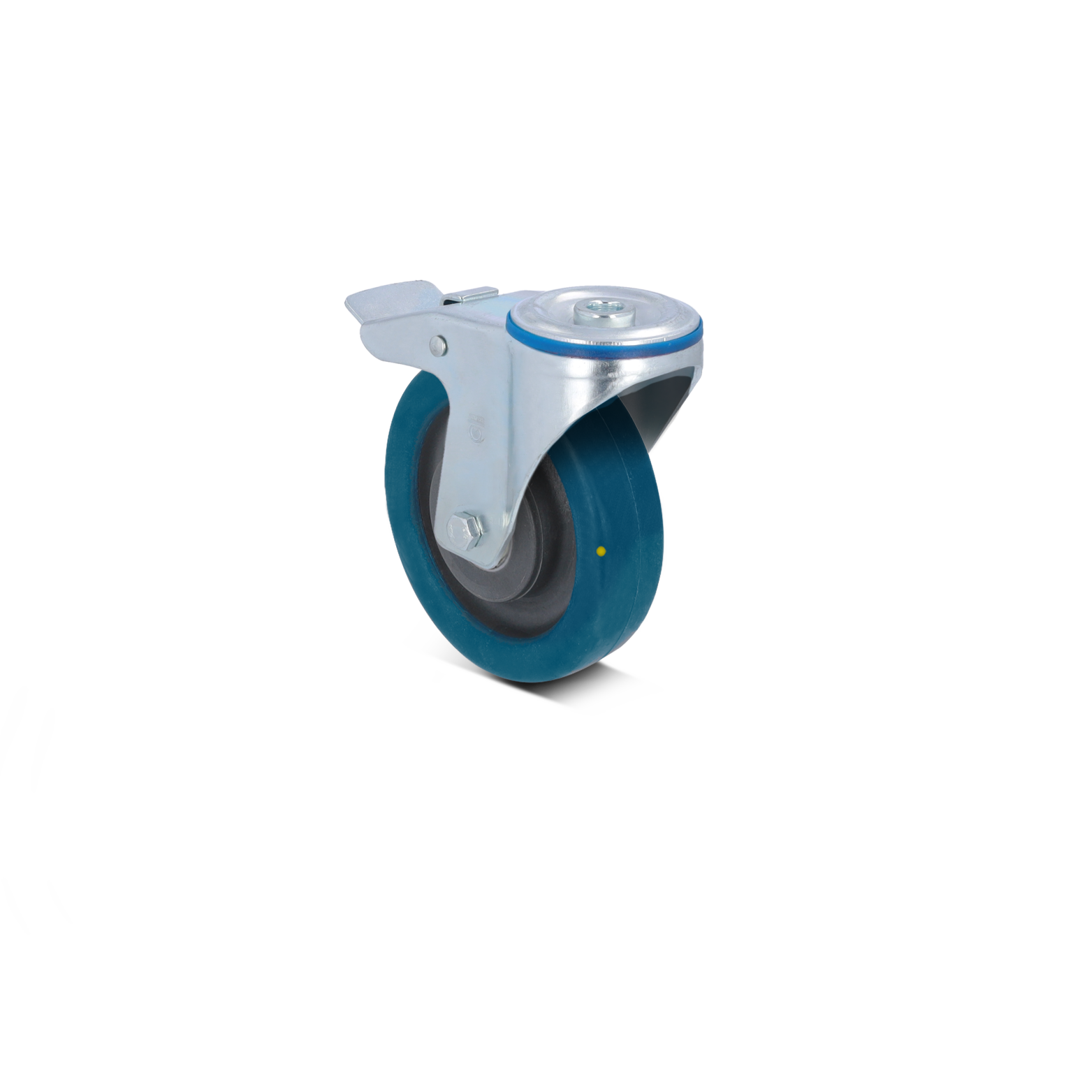 Rubber wieltje met een sterke metalen bevestiging. Het wieltje heeft een blauwe kleur en een zwarte binnenring. Gepositioneerd tegen een neutrale achtergrond zonder verdere context.