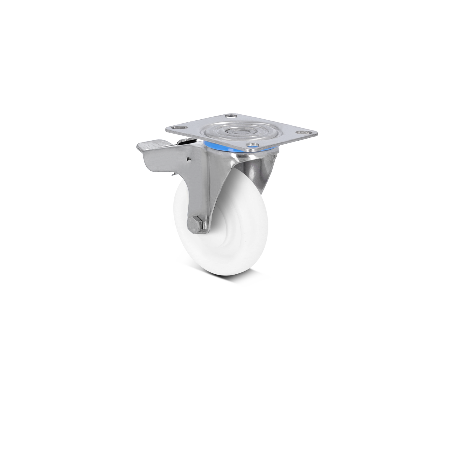 A swivel caster with a white wheel and a metal mounting plate. The wheel is round and smooth, positioned for mobility, in a clean, minimalistic background.
