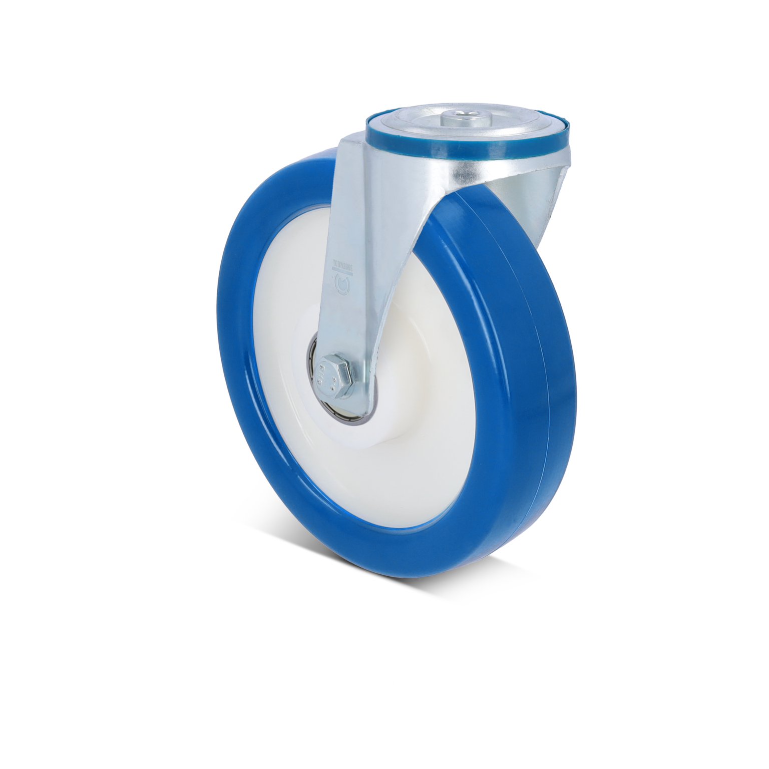 Wieltje met een witte binnenring en een blauwe buitenrand, bevestigd aan een metalen montageplaat met een moer. Het hangt alleen, zonder verdere context of achtergrond.