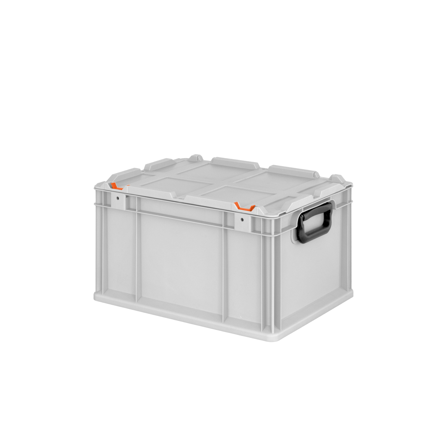 Square-shaped, lightweight plastic storage box features a gray body and a removable lid with orange locking mechanisms. A black handle is positioned on one side for easy transport.