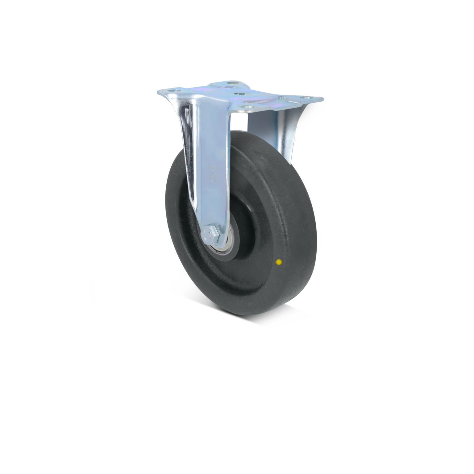 Zwart rubber wiel met metalen bevestigingsplaat en scharnier, ontworpen voor gebruik op transporttrolleys. Het wiel heeft een gladde, ronde vorm en biedt mobiliteit in een industriële omgeving.