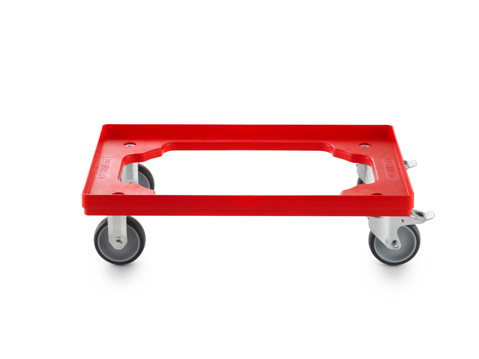 A red plastic transport dolly with a rectangular frame, featuring four grey rubber wheels on metal mounts. It-s designed for moving loads, set against a neutral background.