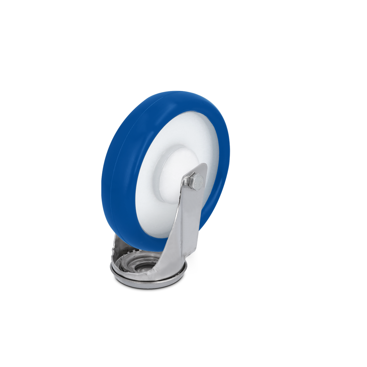 Blauwe zwenkwiel met een witte binnenring en metalen bevestigingsplaat. Het wiel is gepositioneerd zodat de achterkant zichtbaar is en rust op een zwarte achtergrond.