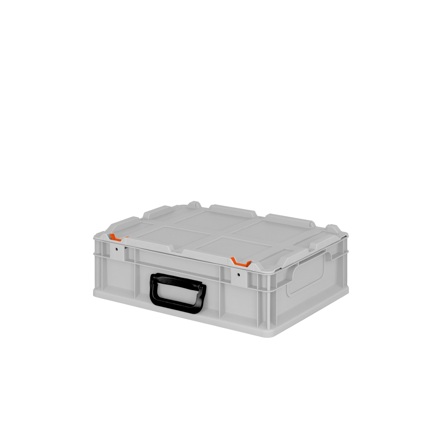 A gray plastic storage box features a black handle and orange accents. It is rectangular with a flat top, designed for easy stacking and transportation in an industrial setting.