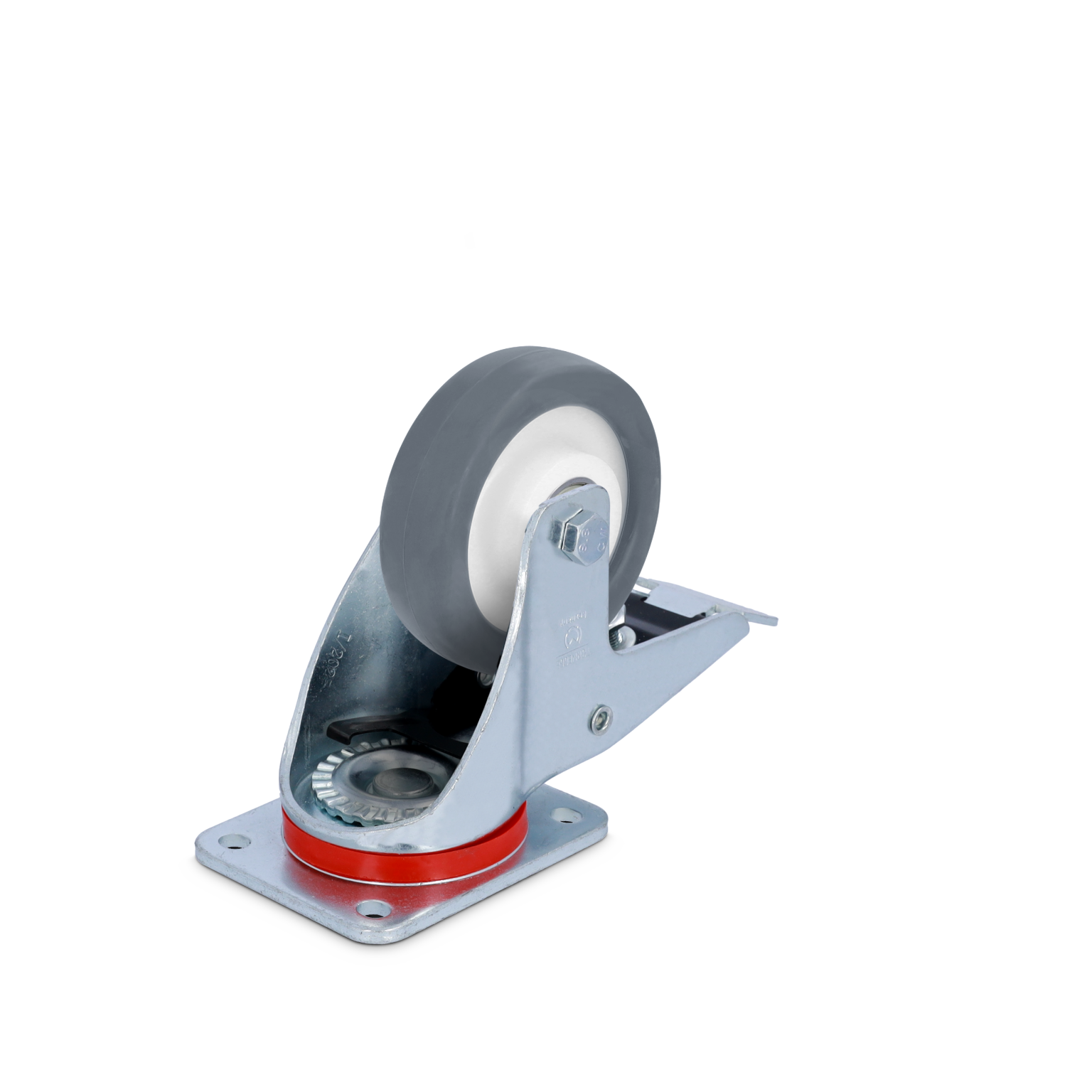 A gray rubber wheel attached to a metal bracket featuring a mounting plate and a rolling mechanism. The wheel has a white center and is angled slightly, displayed against a light background.
