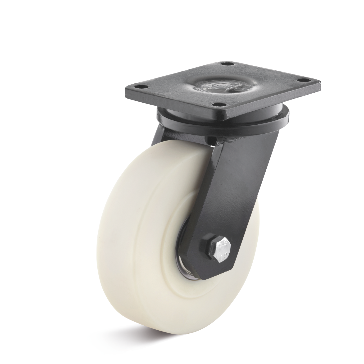 A swivel castor featuring a white rubber wheel mounted on a black metal bracket with a square plate. It is designed for mobility in industrial applications, suitable for transporting equipment.