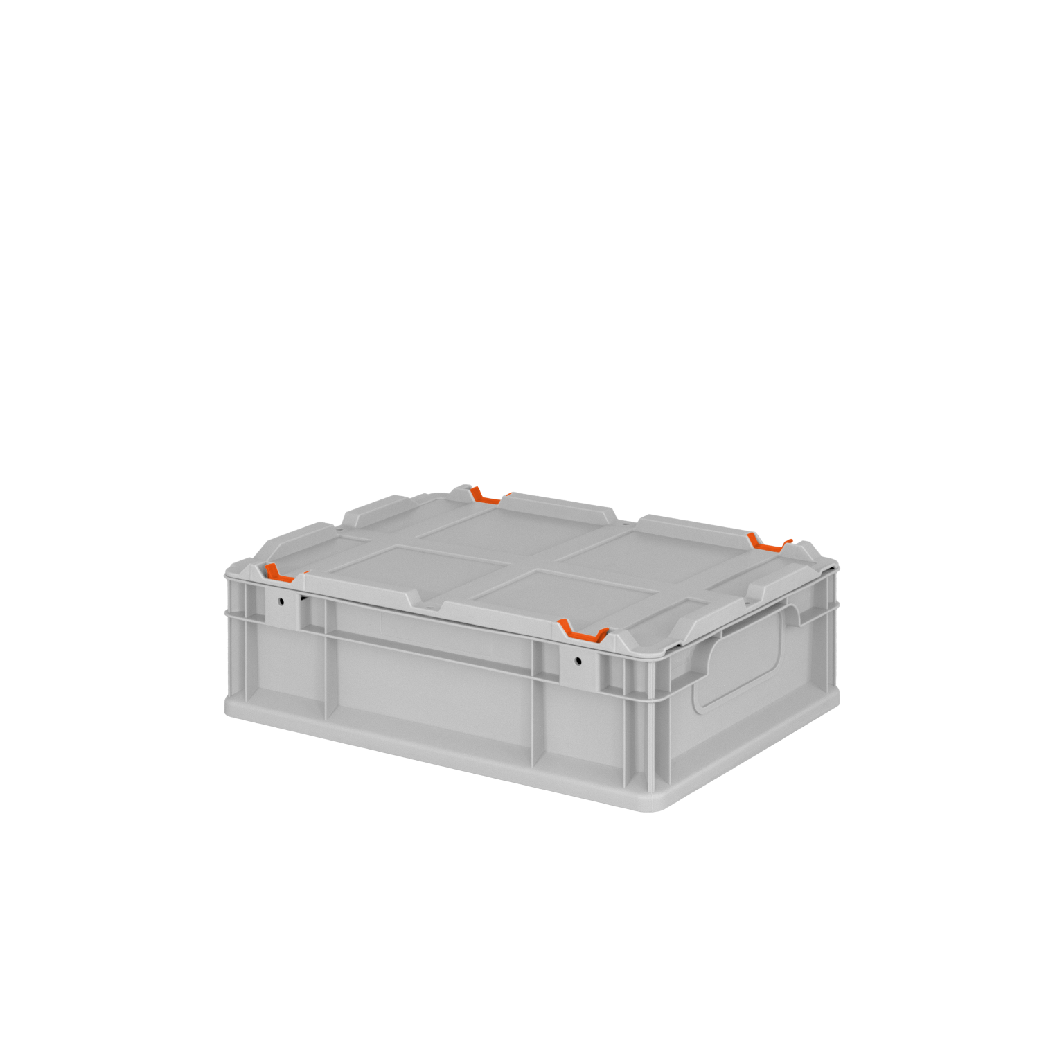 Kunststoffbox mit transparentem Design und orangefarbenen Griffen. Sie ist stabil, hat eine flache Oberseite und eignet sich zur Lagerung von Materialien in industriellen Umgebungen.