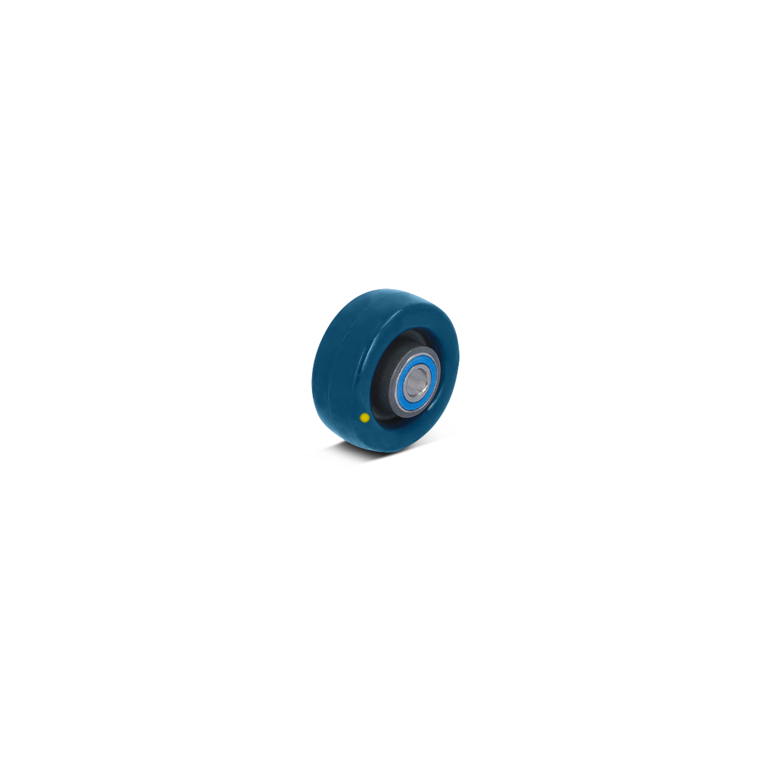 Rubber wiel met een blauwe buitenkant en een metalen as in het midden. Het is afzonderlijk gepositioneerd op een witte achtergrond, wat de details van het ontwerp benadrukt.