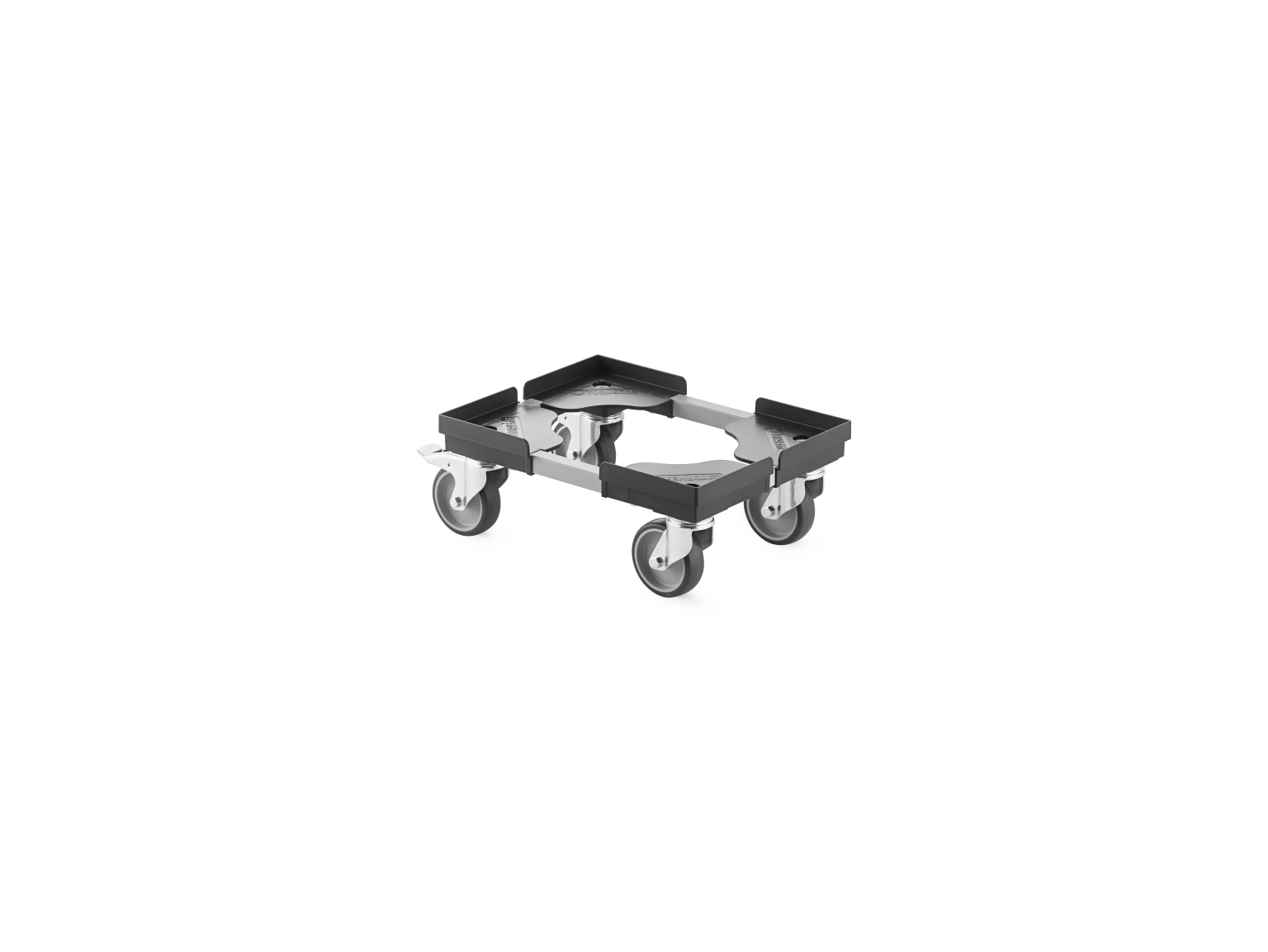 Square transport trolley with a metal frame and four wheels. The frame is open, allowing for easy access to the base. The wheels are designed for mobility in industrial settings.