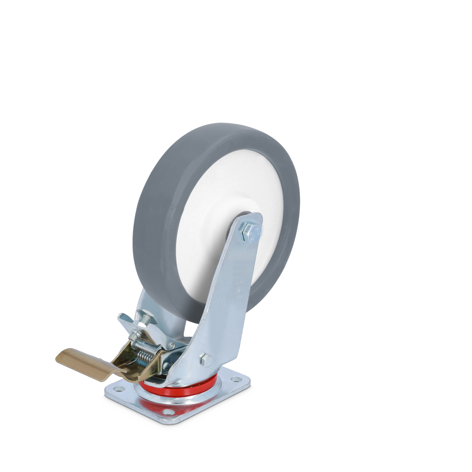 A gray rubber wheel mounted on a shiny metal swivel with a locking lever. It features a sturdy, square metal base with four mounting holes, designed for mobility in industrial settings.