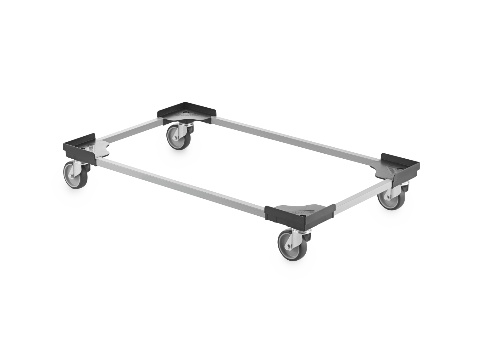A rectangular transport trolley frame is shown, featuring four swivel castors at each corner. The structure is metallic with plastic corners, suited for moving items in an industrial setting.