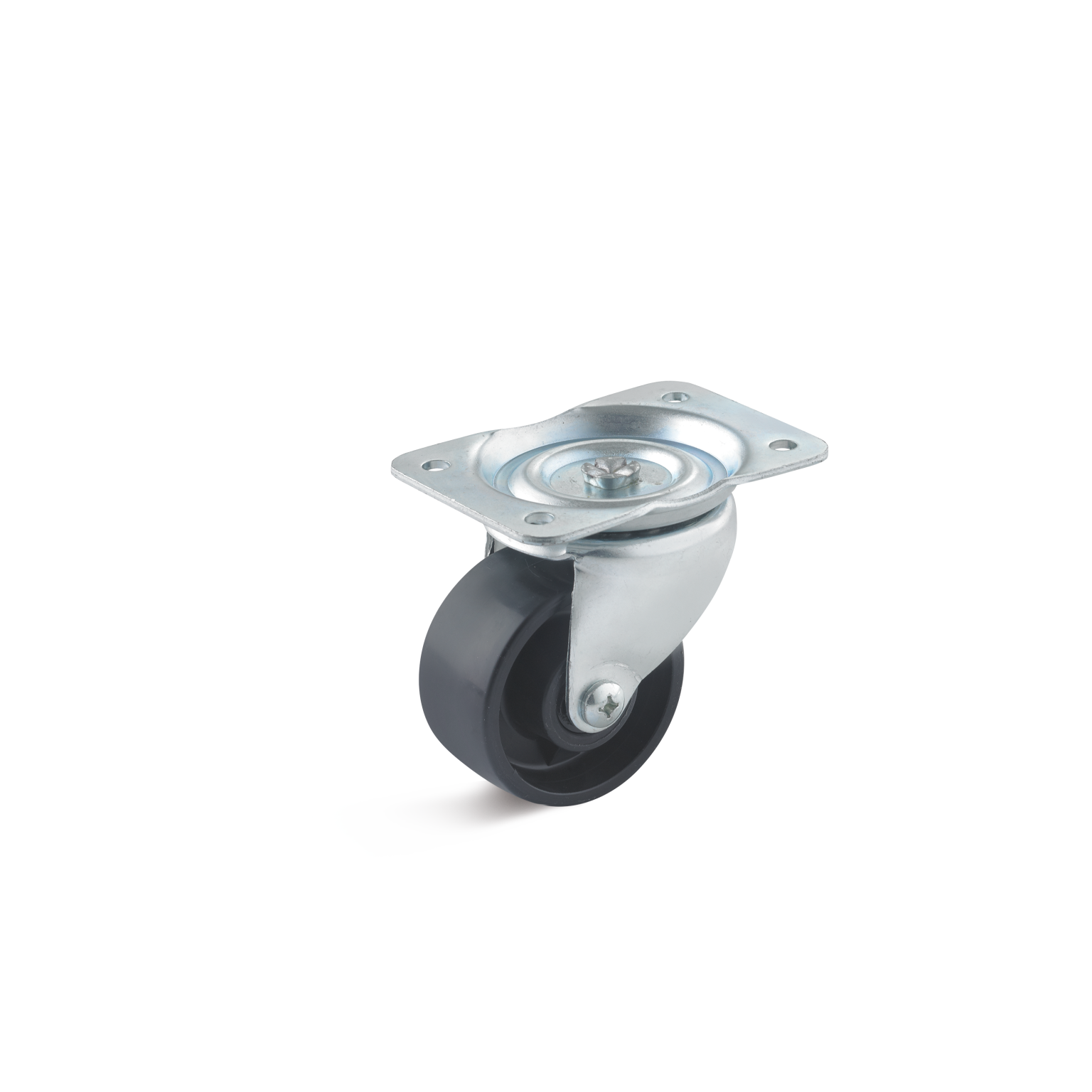 A swivel castor with a black rubber wheel and a metallic mounting plate is positioned prominently. The plate features a circular center and four mounting holes, set against a light background.