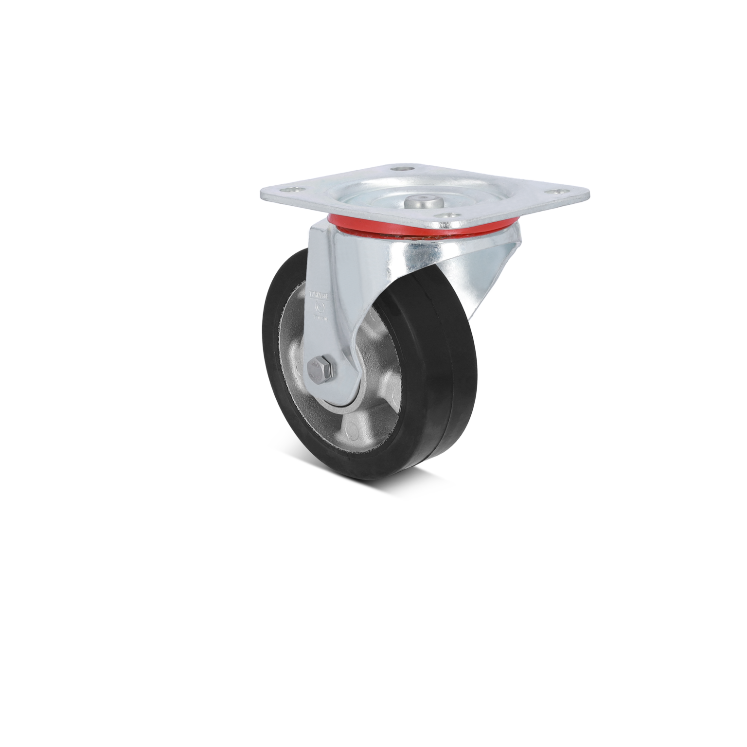 A swivel castor with a metal mounting plate features a black rubber wheel and a shiny metallic bracket. The castor is angled to display its design, with a simple background.