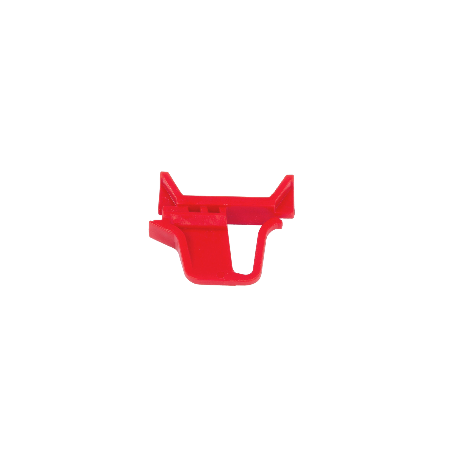 A bright red plastic component features a hook-like design, showcasing various notches and edges for potential mounting or connection. The object appears to be isolated against a blank background.