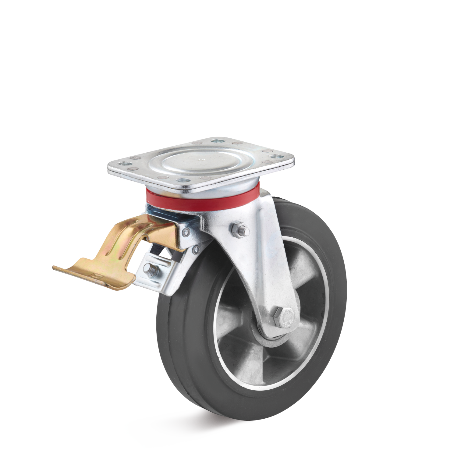 A metal swivel castor with a large, dark rubber wheel attached to a sturdy mounting plate. It features a braking mechanism for stability. The background is plain and unobtrusive.