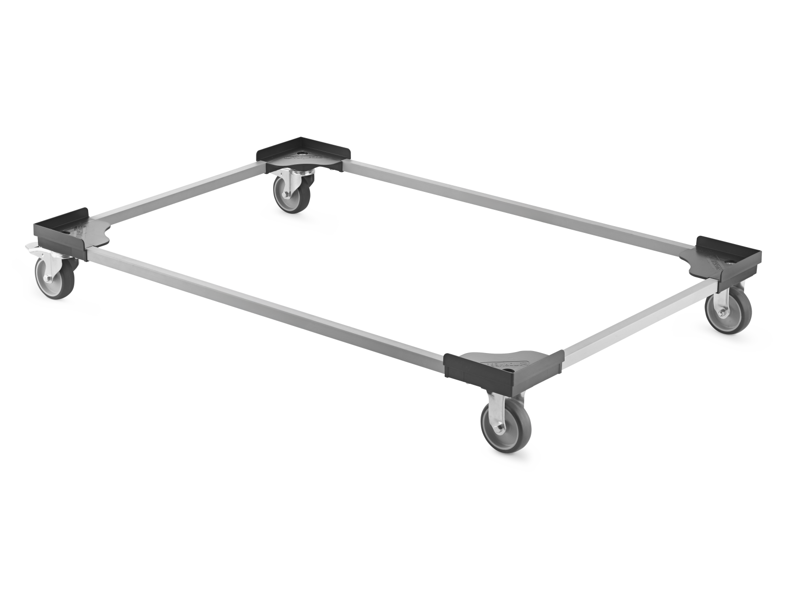 A rectangular transport trolley frame is shown, featuring a sturdy metal structure with four swivel castors at each corner, designed for mobility and material handling in industrial settings.