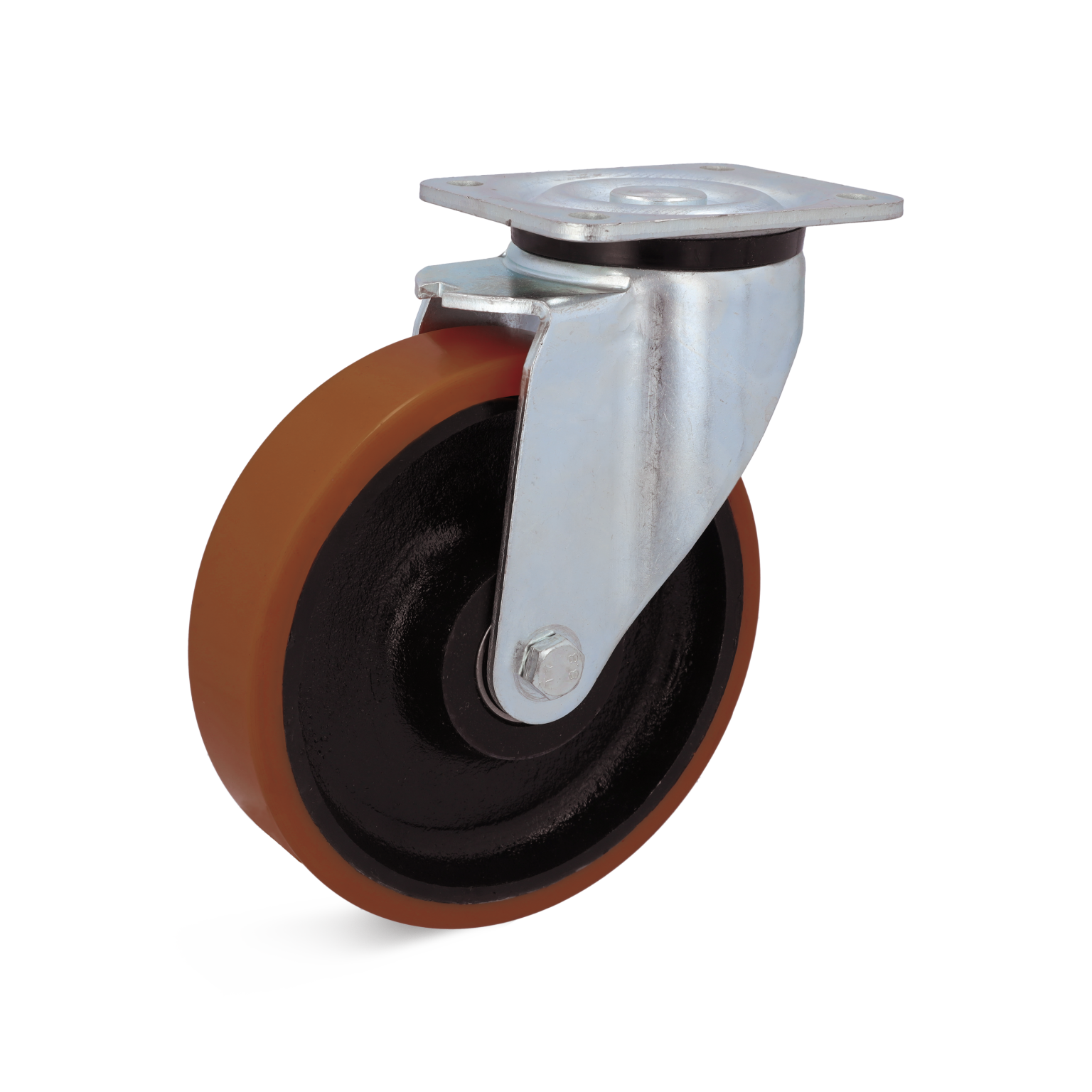 A swivel castor with a brown rubber wheel and a black center is mounted on a silver metal bracket. It-s positioned to show the wheel-s profile and the mounting plate.