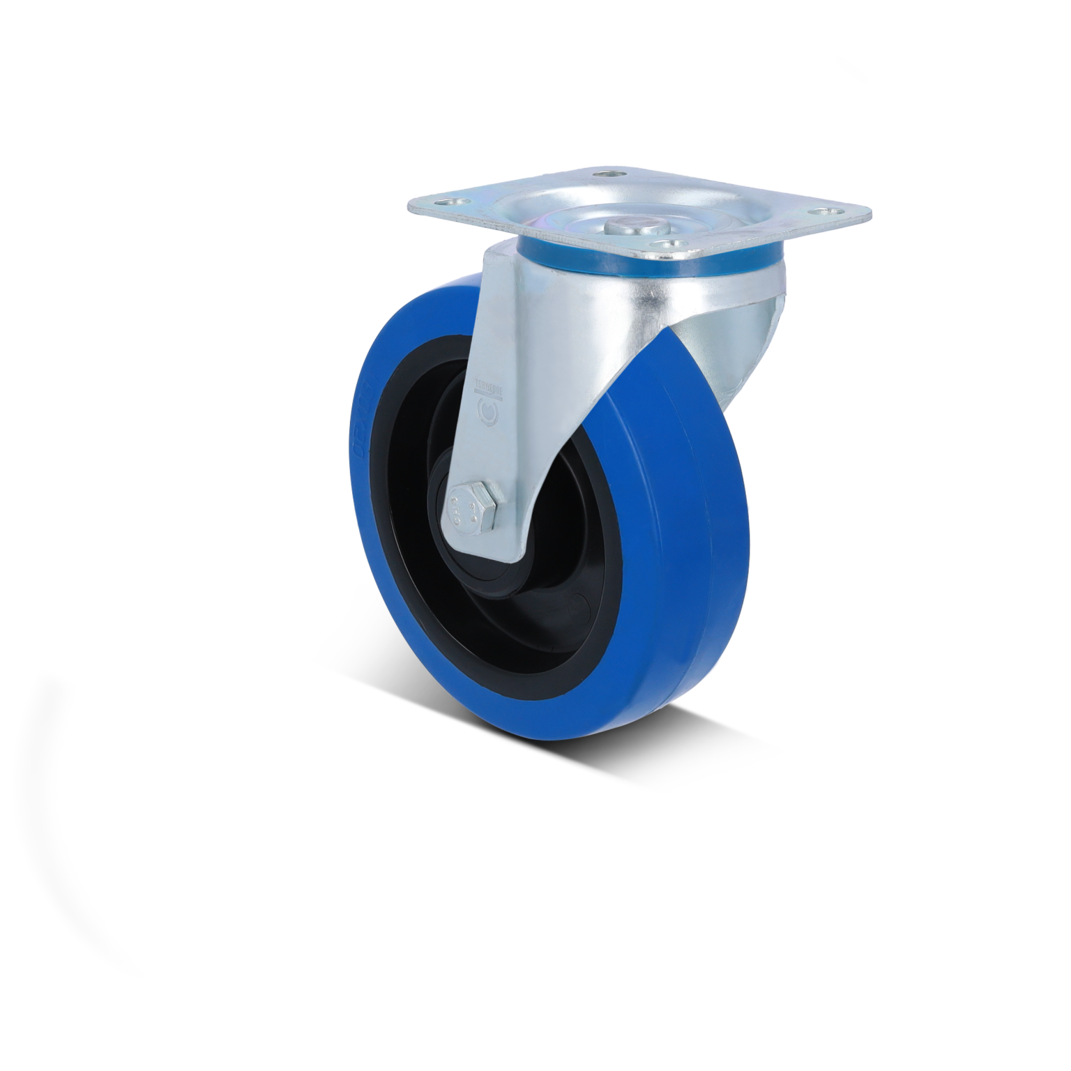 A swivel castor featuring a black wheel with a blue outer band and a silver mounting plate. It is designed for easy movement, likely intended for use in industrial settings.