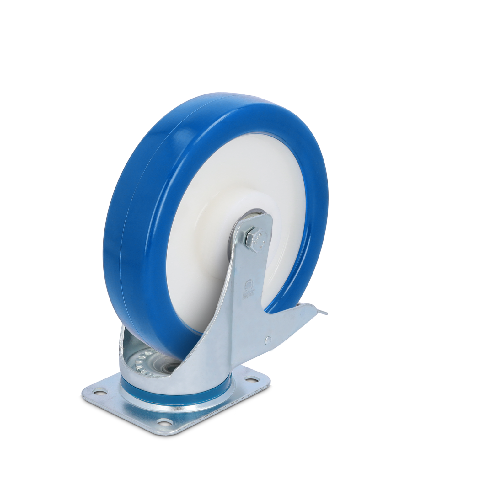 Een industriële wiel met een blauwe rubberen band en een witte kern. Het is bevestigd aan een metalen montageplaat met een scharniermechanisme voor draaibewegingen. De achtergrond is zwart.