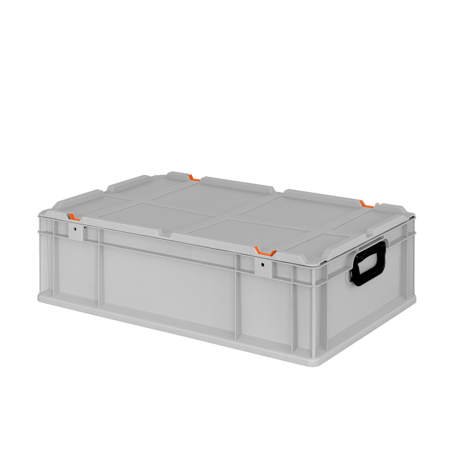 A gray plastic storage box with a lid features orange locking clips and a black handle for easy transportation. It is designed for organizational purposes within an industrial context.