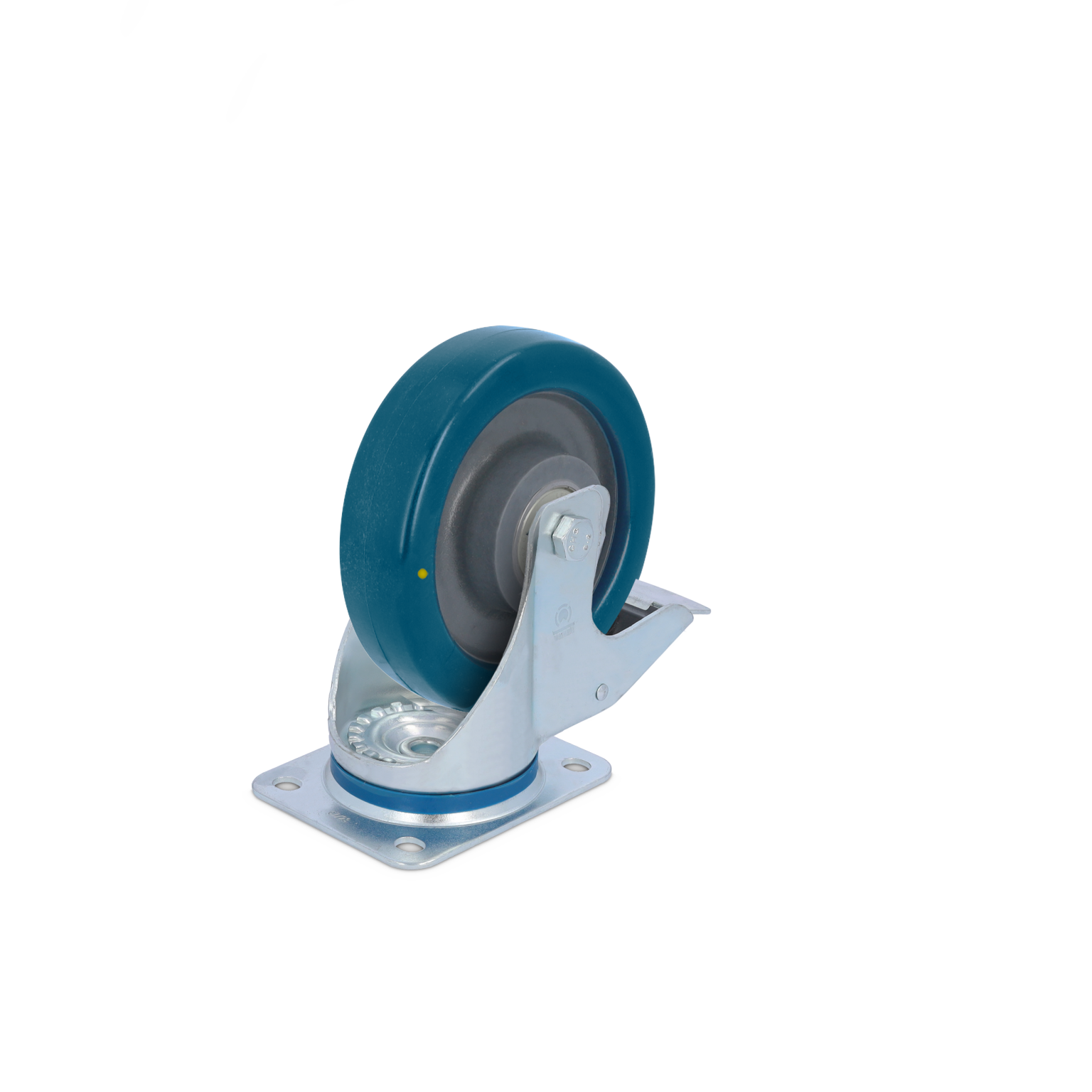 Zwenkwiel met een blauwe kunststof schijf en een metalen bevestigingsplaat. Het wiel is bevestigd aan een draaimechanisme, dat het draaien vergemakkelijkt. Achtergrond is uniform en niet opvallend.