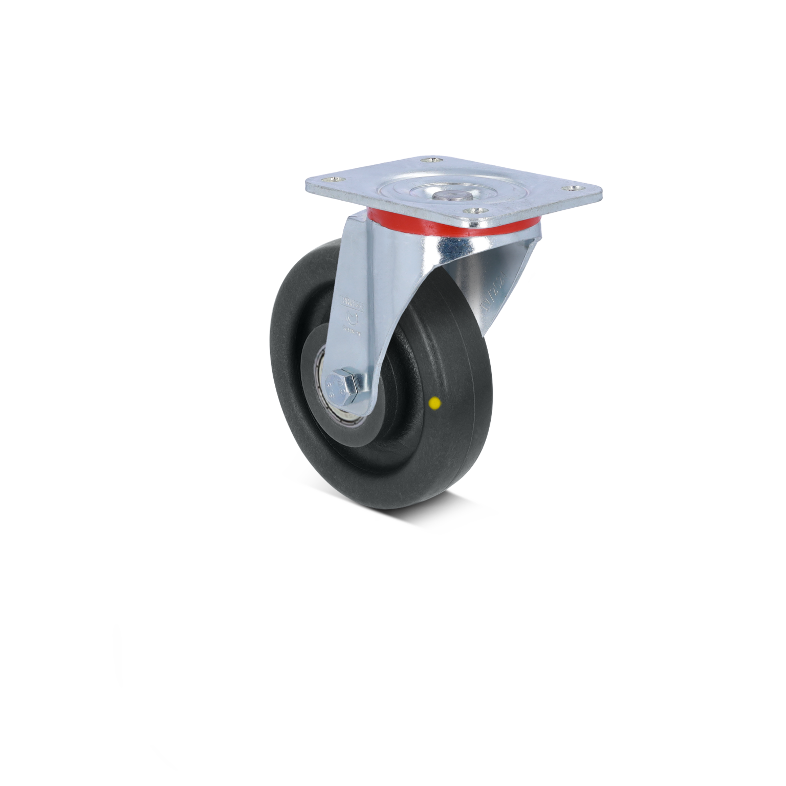 A swivel castor features a black rubber wheel mounted on a silver metal bracket with a square mounting plate. It is designed for mobility in industrial settings, isolated against a plain background.