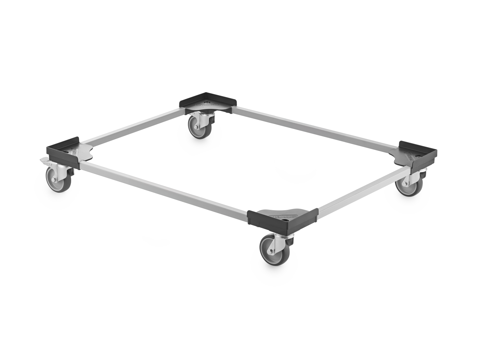 A rectangular transport trolley with a metal frame and four swivel castors at each corner. The trolley-s design is simple, ideal for moving items in an industrial setting.