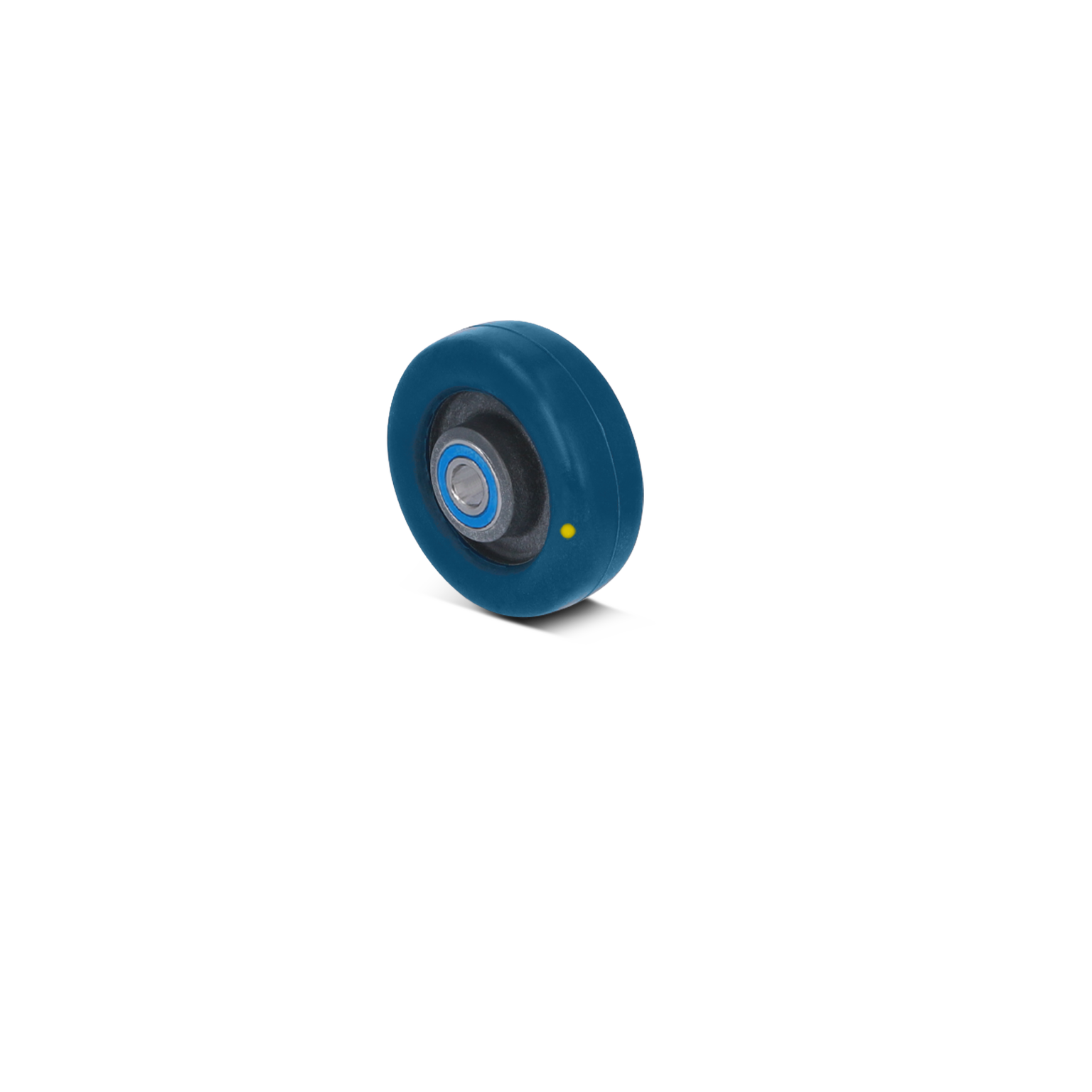Blauwe kunststof wiel met een zwarte rubberen rand en een metalen lagersysteem zichtbaar in het midden. Het is geïsoleerd tegen een lichte achtergrond, gericht op gebruik in intralogistiek.