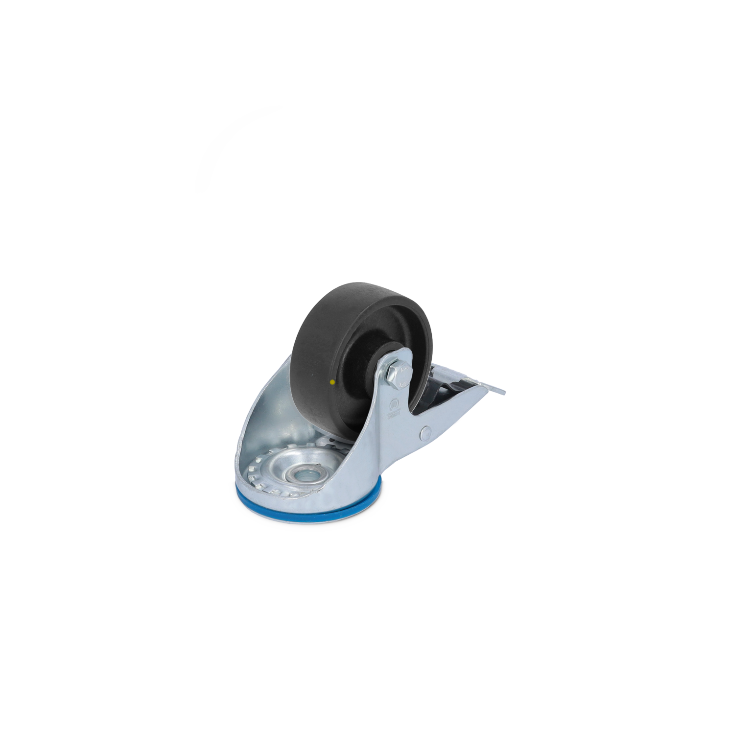 Zwart rubberen wieltje met een metalen bevestigingsplaat, gekanteld naar rechts. Het wieltje heeft een gemonteerd kogellager en een blauwe rand onder de bevestigingsplaat in een neutrale achtergrond.