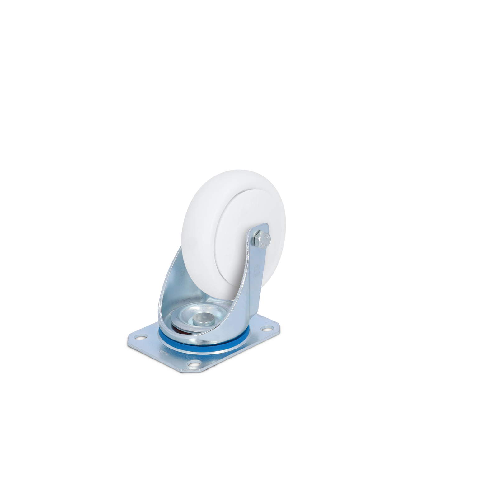 A caster wheel with a white rubber tire is mounted on a metallic base with a blue circular accent. It is designed for smooth movement in industrial settings. The background is plain.