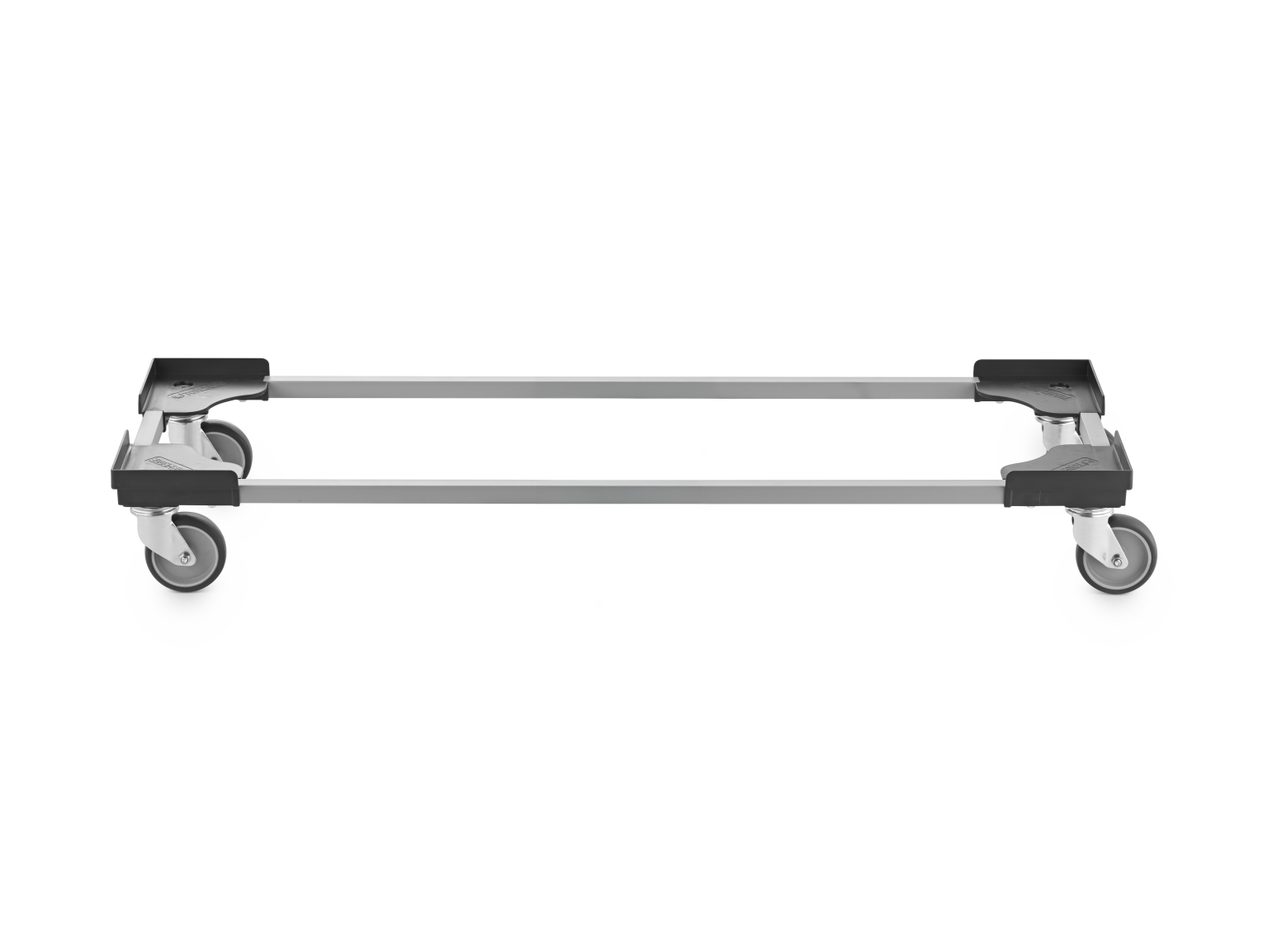 A transport trolley with a rectangular frame, featuring four swivel castors at the corners. The structure is metallic and designed for mobility, likely used in warehouses or industrial settings.