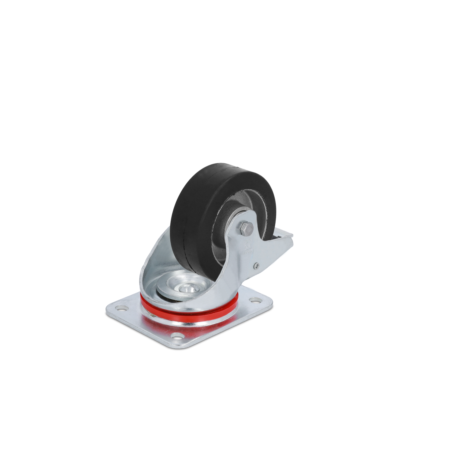 A swivel caster features a black rubber wheel mounted on a silver metal bracket with a red ring. The bracket has a flat base for attachment and a pivoting mechanism for mobility.