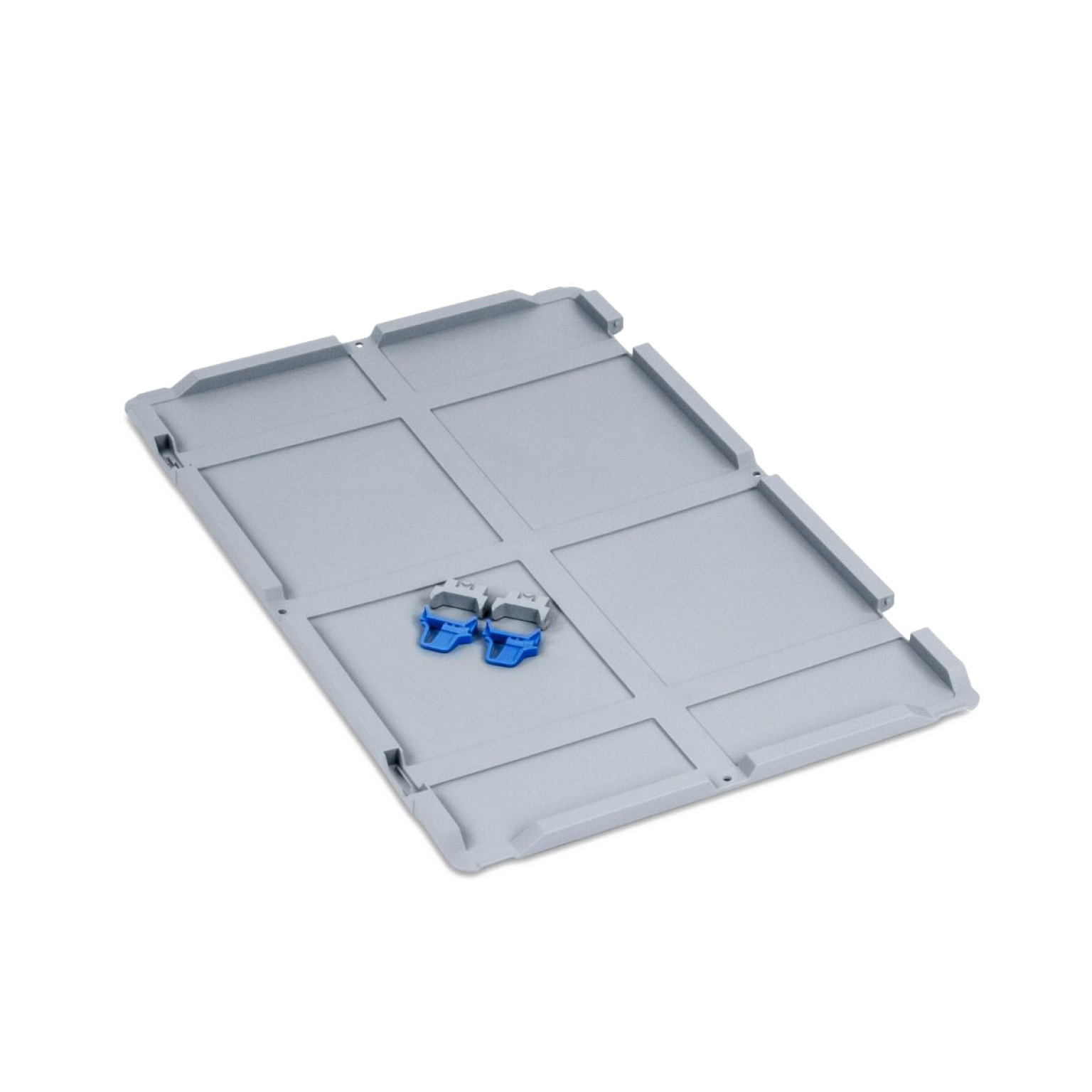 A gray plastic pallet with a flat surface features attachment clips in blue and gray. The pallet is positioned on a neutral background, designed for material handling and storage applications.
