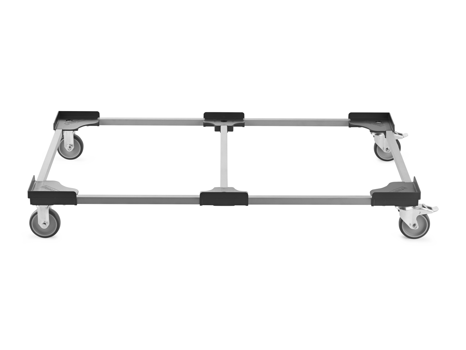 A transport trolley frame with four wheels, featuring an aluminum structure and plastic connectors. The wheels are positioned at each corner, suitable for material handling in industrial settings.