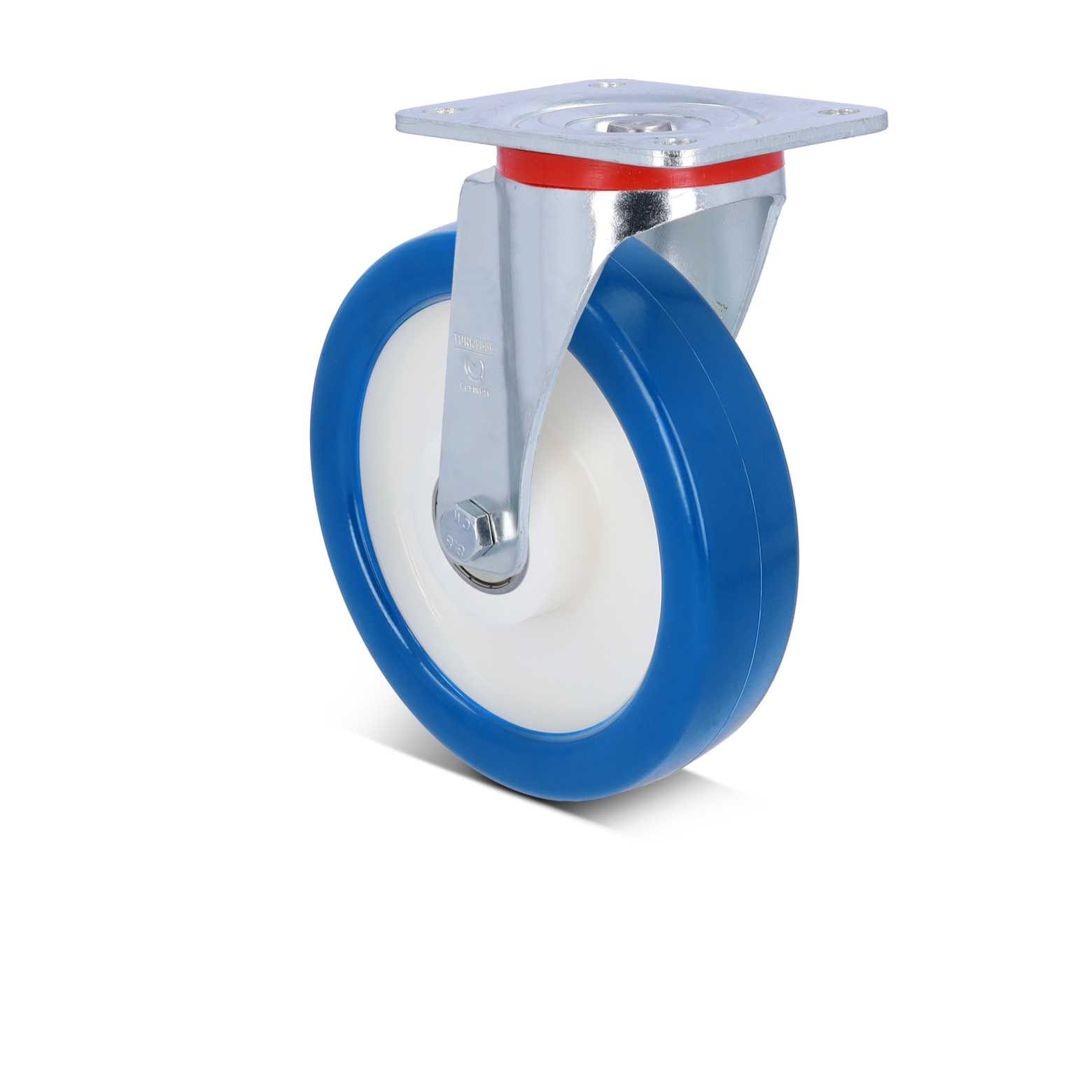 Zwenkwiel met een blauwe rubberen band en een witte binnenkant, bevestigd aan een metalen montagemodule met vier bevestigingsgaten. Geschikt voor industriële toepassingen en interne logistiek.