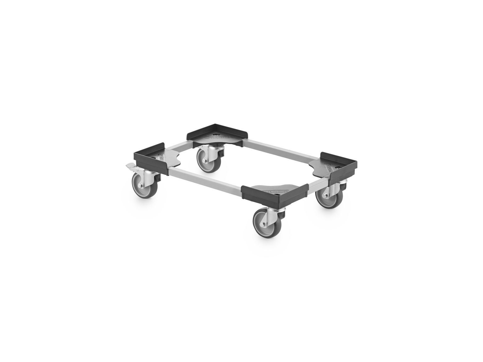 A rectangular transport dolly features four swivel casters at the corners. Its frame is made of metal with protective corner bumpers, designed for moving heavy items efficiently in industrial settings.
