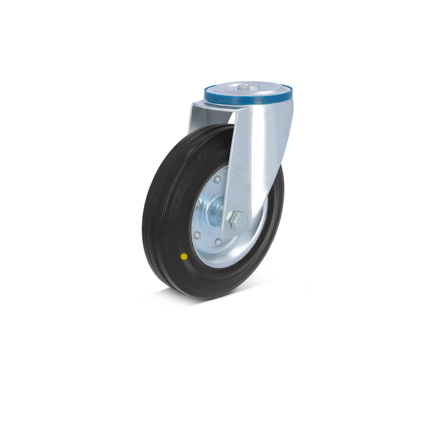 A grey metal caster wheel with a black rubber tire is mounted on a sturdy bracket. The wheel features a shiny hub and is designed for industrial applications.