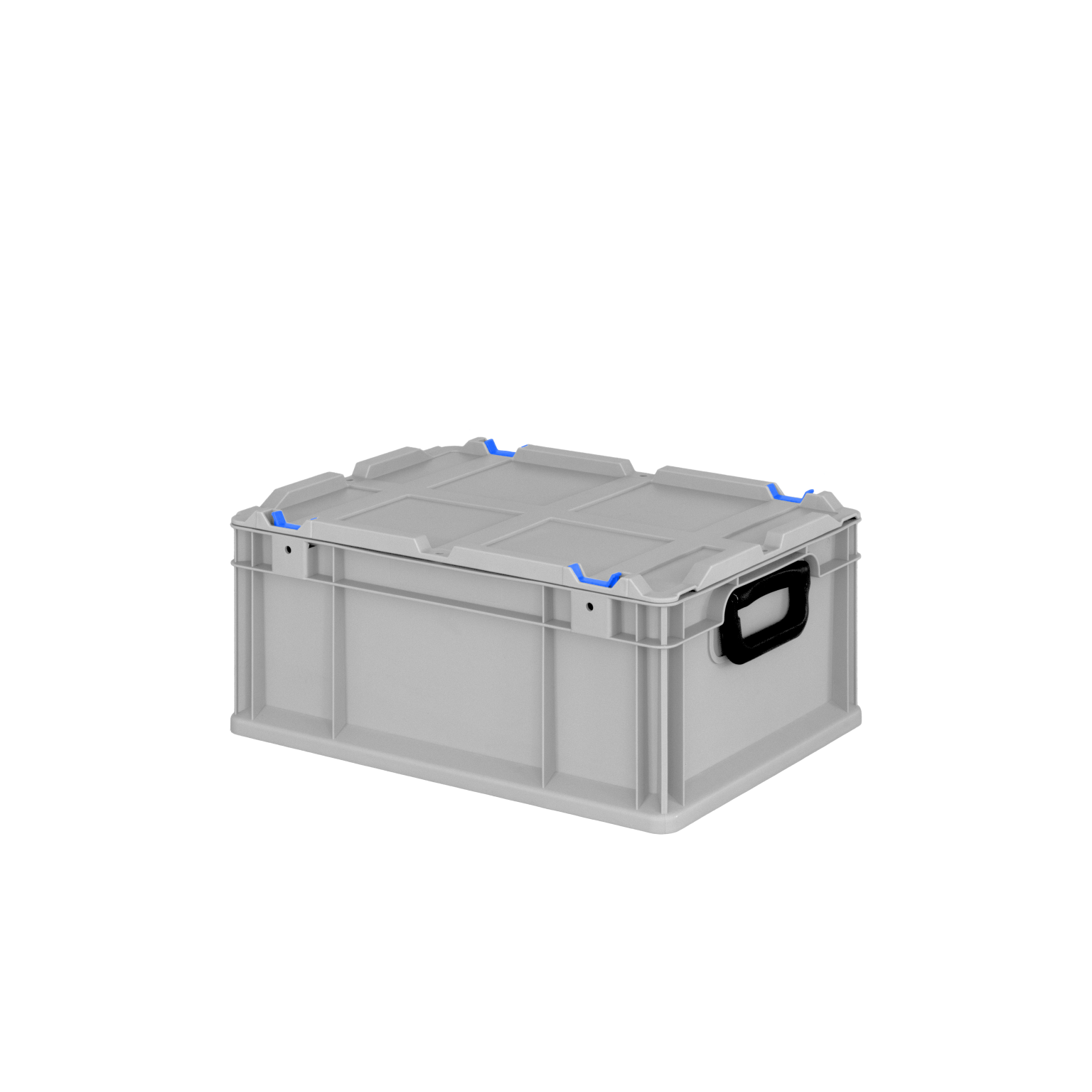 Transportbox aus grauem Kunststoff mit blauen Clip-Verschlüssen und einem schwarzen Tragegriff. Die Box hat eine flache Oberseite und ist für Lagerung und Transport konzipiert.