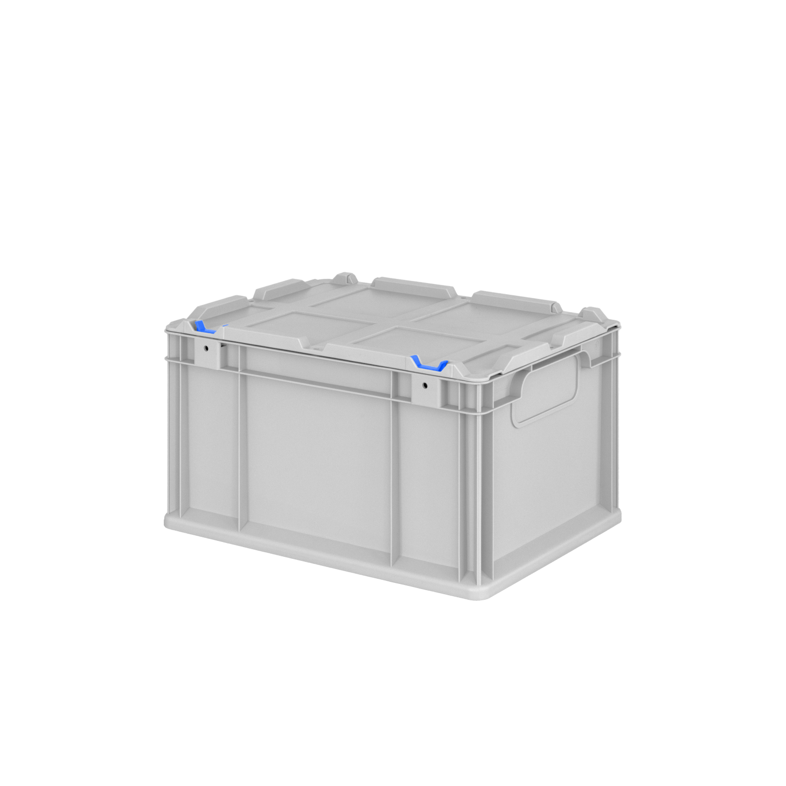 A gray plastic storage box with a sturdy design features blue clips on the lid. It has handles on the sides for easy lifting, suitable for warehouse use.