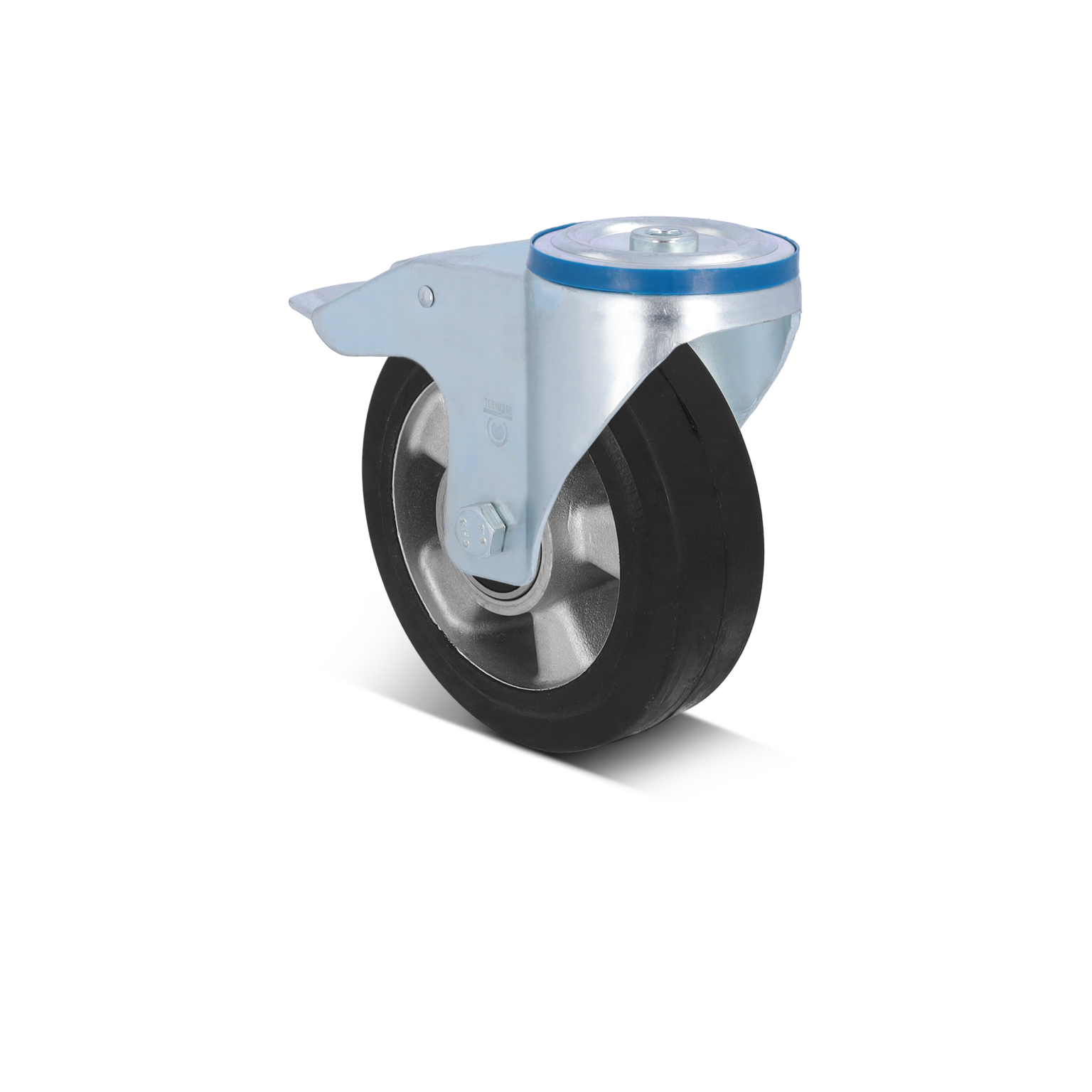 Industrial Räder mit einer gummierten Oberfläche und einer Metallhalterung. Die Rolle zeigt eine verchromte, metallische Halterung mit Befestigungsschraube. Der Hintergrund ist durchsichtig.