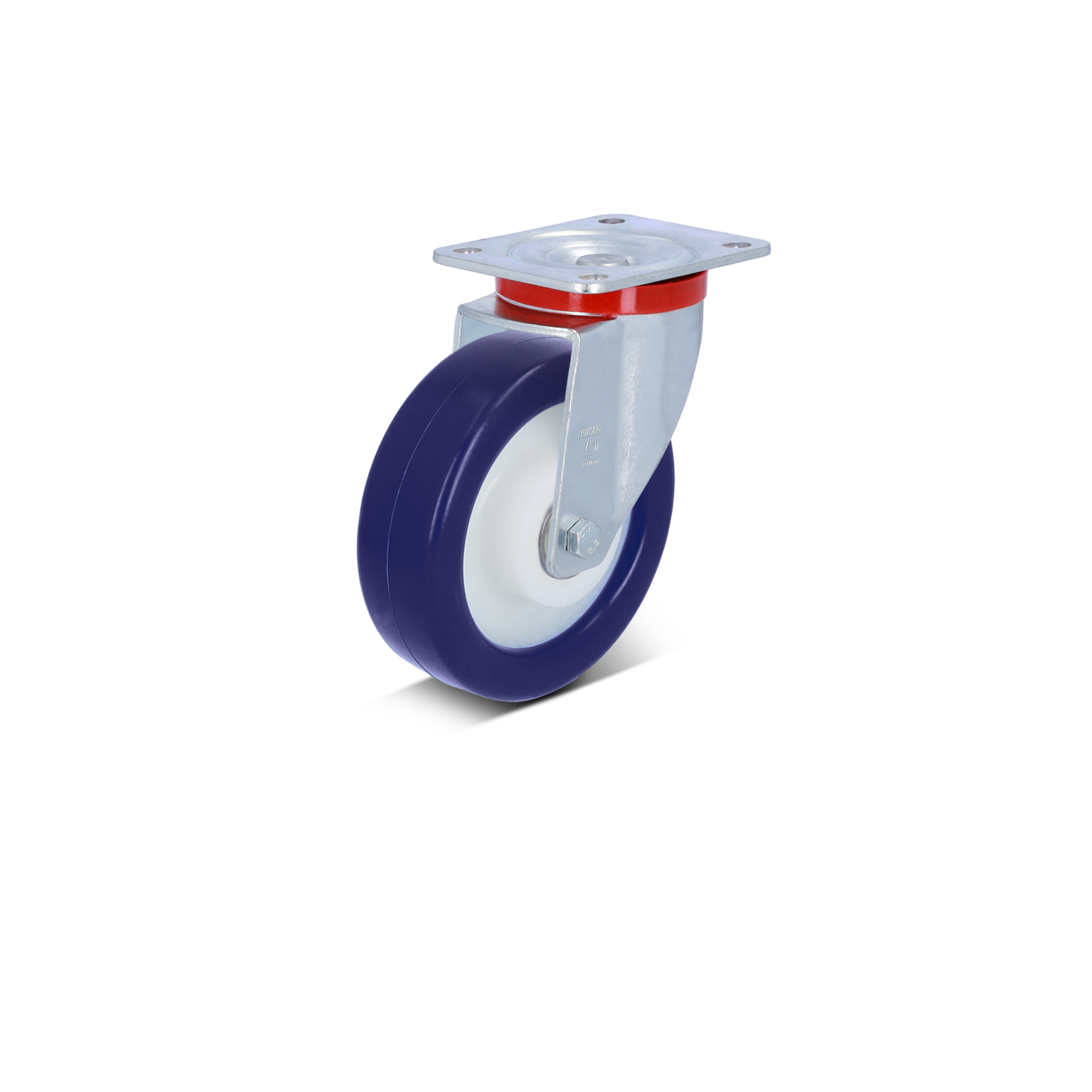 Een industriële wieltje met een blauw rubberen band en een witte binnenring, bevestigd aan een staalplaat met enkele gaten voor montage. Het wieltje is zichtbaar tegen een zwarte achtergrond.