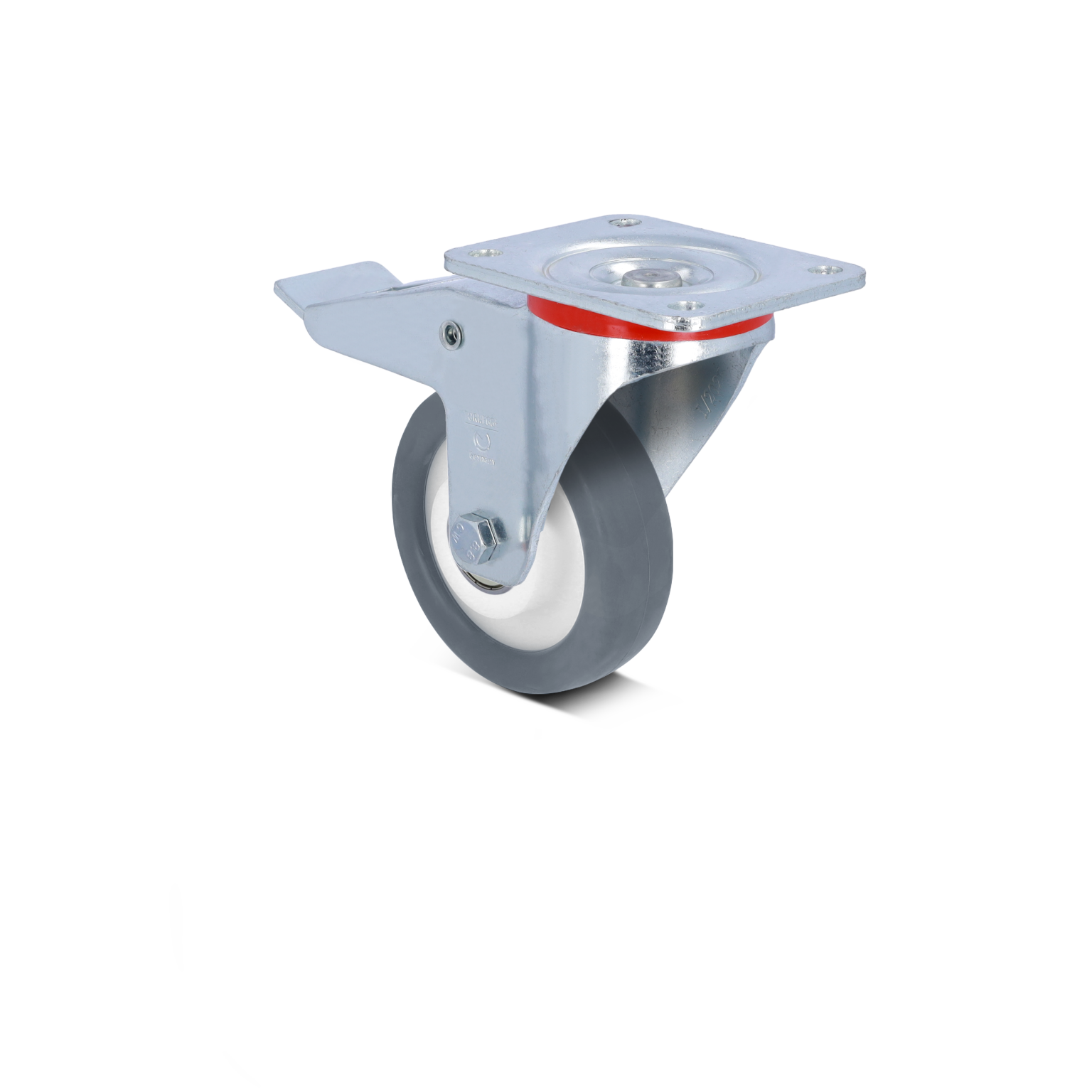 A gray rubber industrial caster is mounted on a silver metal plate, featuring a swivel mechanism. It is positioned in a light background, suitable for material handling applications.