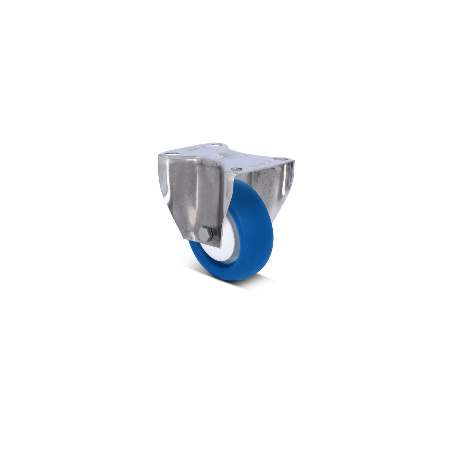 Een metalen zwenkwiel met een blauwe rubberen band en een witte rand. Het wiel is bevestigd aan een vlakke montagesteun met vier bevestigingsgaten, geschikt voor gebruik in industriële toepassingen.