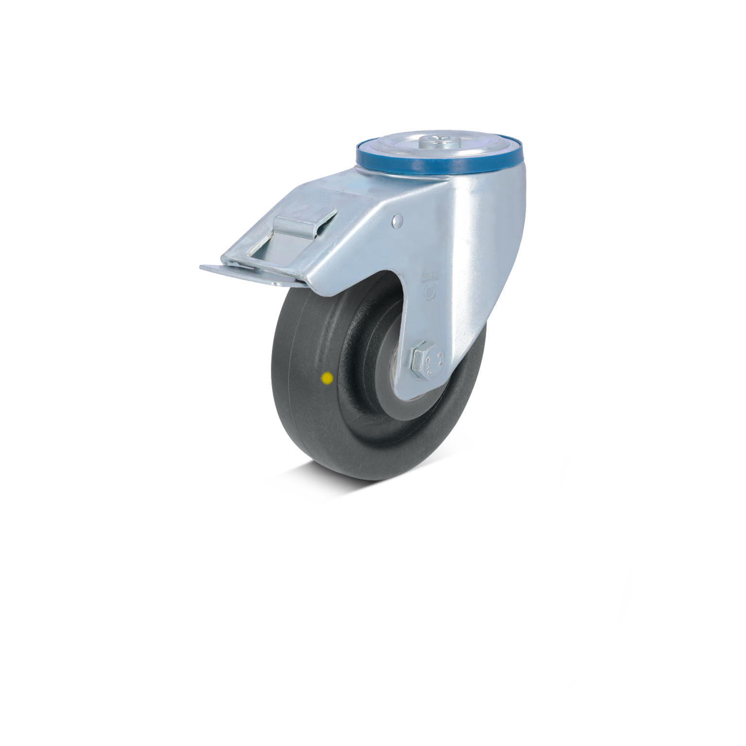 Zwenkwiel met een zwarte rubberen rol en een metalen bevestigingsplaat. Het wiel heeft een gepolijste afwerking en is ontworpen voor gebruik in industriële omgevingen. Achtergrond is neutraal.