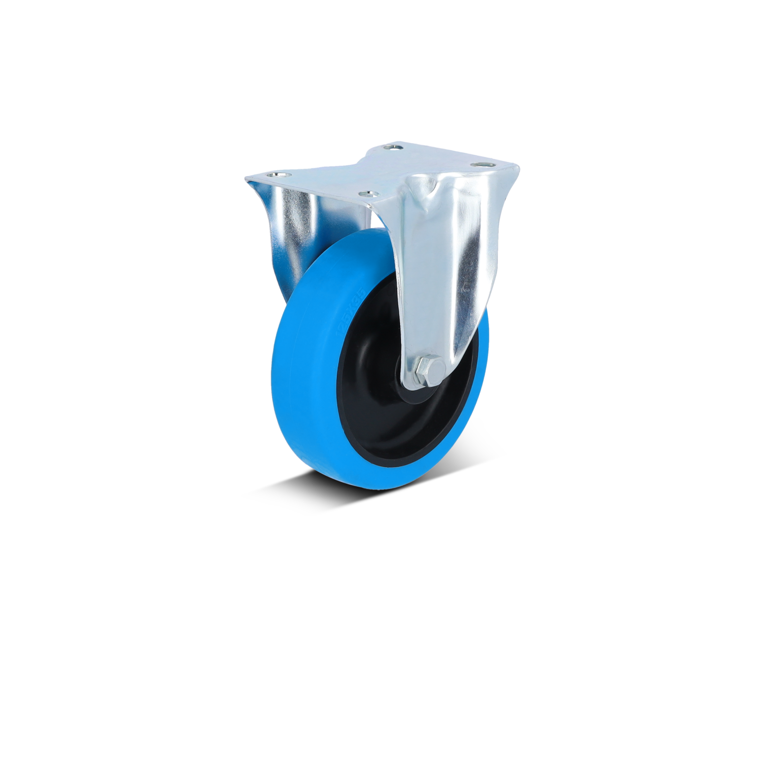 A swivel castor with a metallic support and a blue, rubber-like wheel. The wheel features a black core, and the castor has four mounting holes for installation, set against a neutral background.