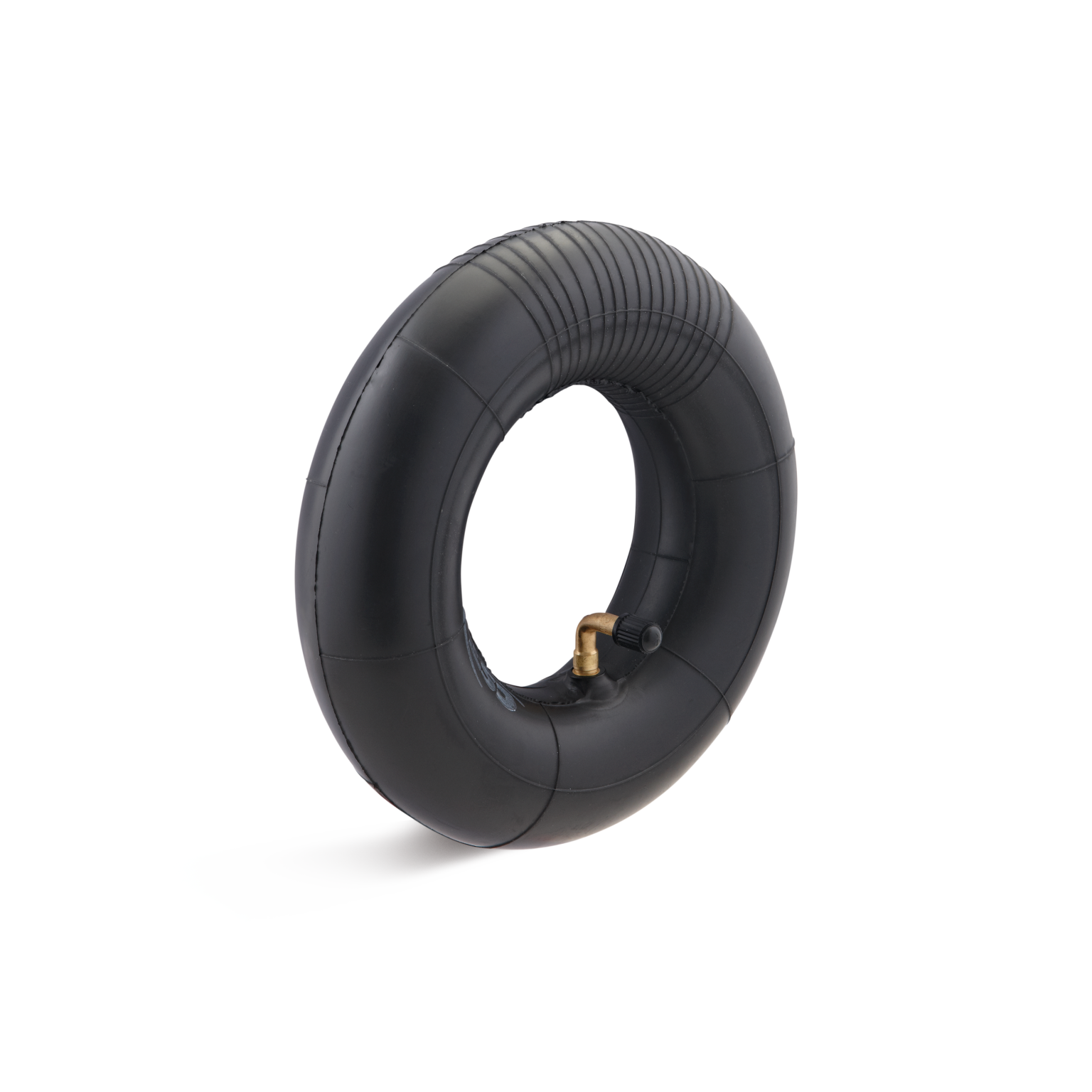 A black rubber tire tube is displayed upright, featuring a valve for inflation. The tube has a smooth surface with slight ribbing around the outer edge, set against a minimalistic background.