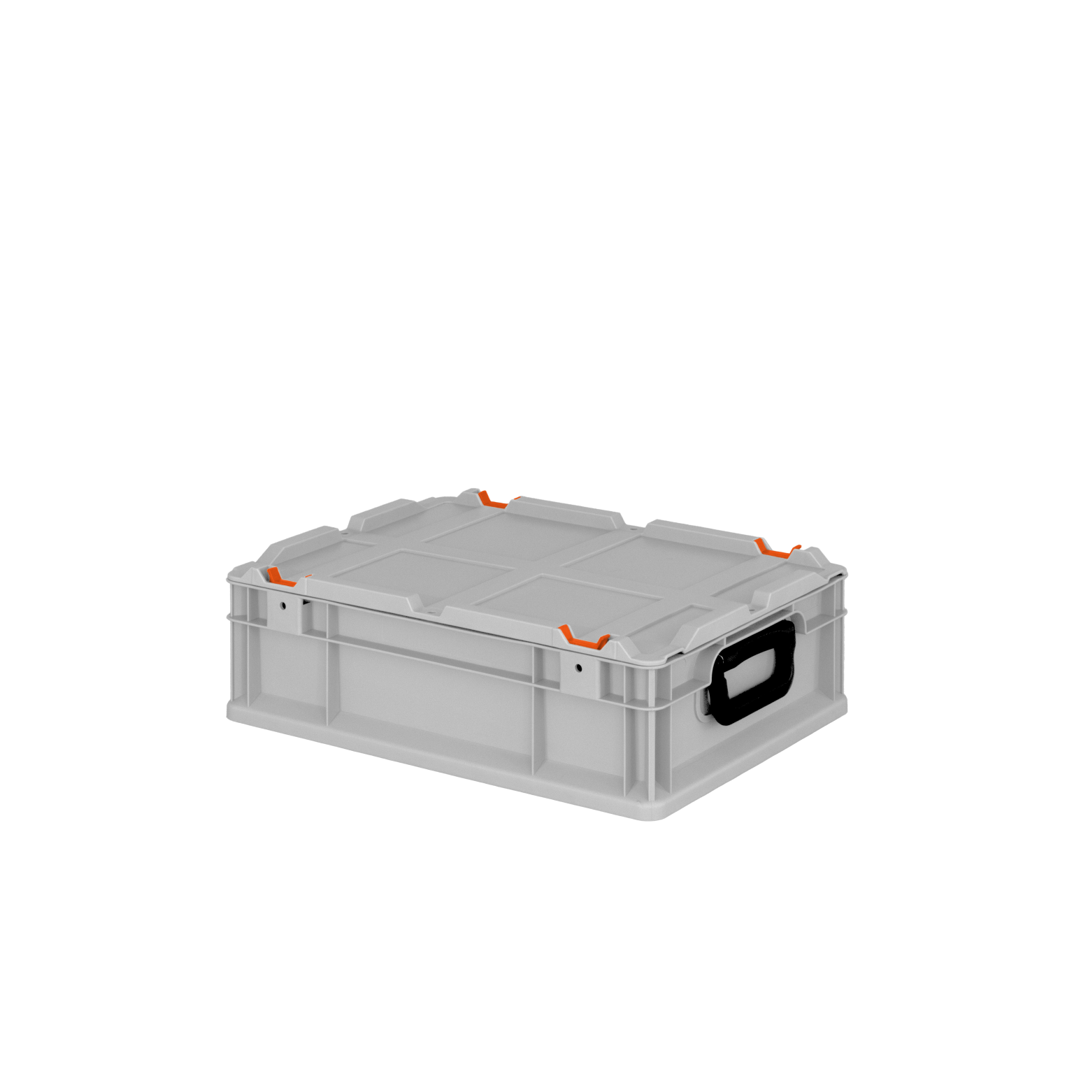 Transportbox aus transparentem Kunststoff mit schwarzen Griffen und orangefarbenen Verschlüssen. Sie ist mittlere Größe und eignet sich zur Lagerung oder zum Transport von Materialien in industriellen Umgebungen.