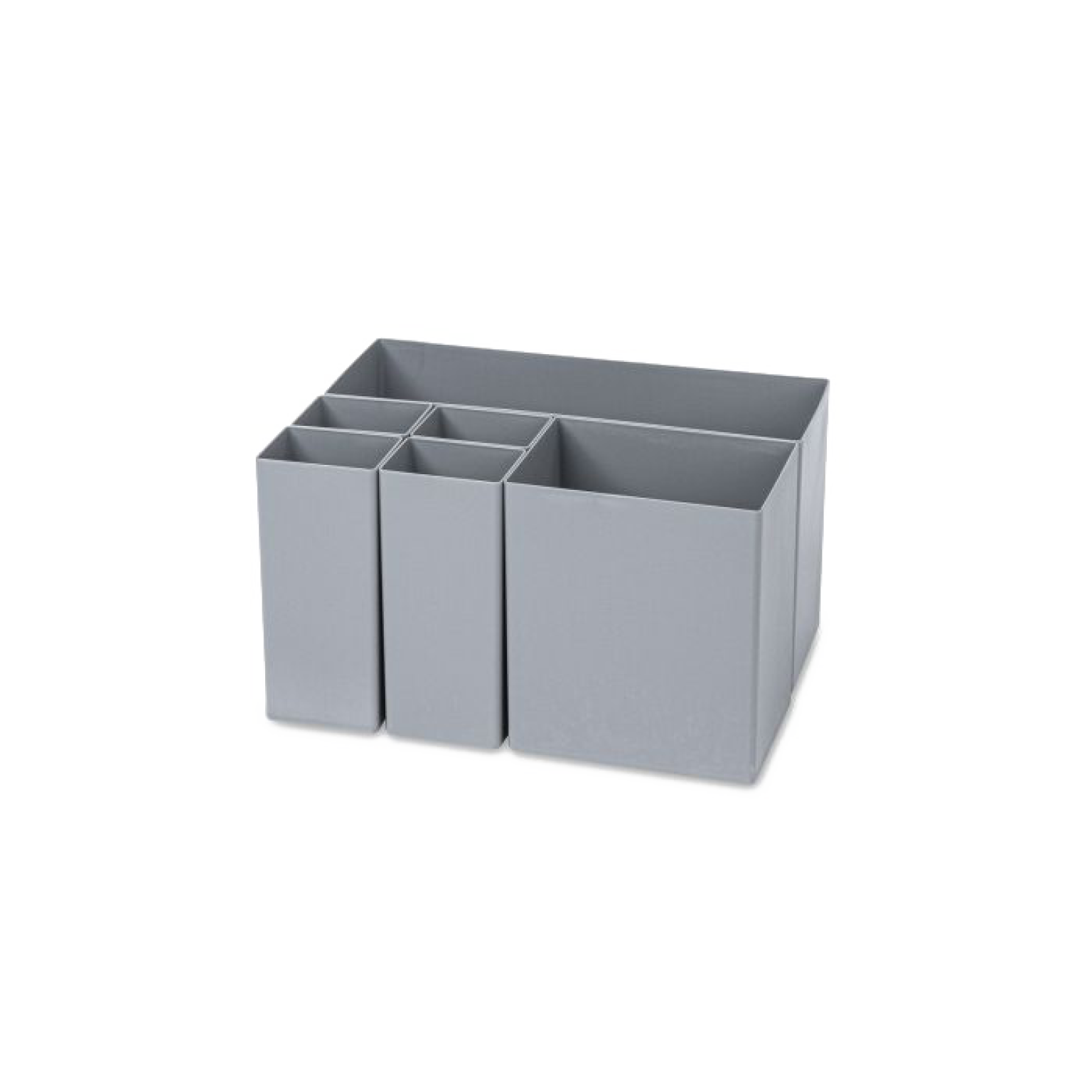A gray organizer features multiple compartments in varying sizes, designed for holding and sorting items. It stands on a flat surface, suitable for use in workplaces or storage areas.