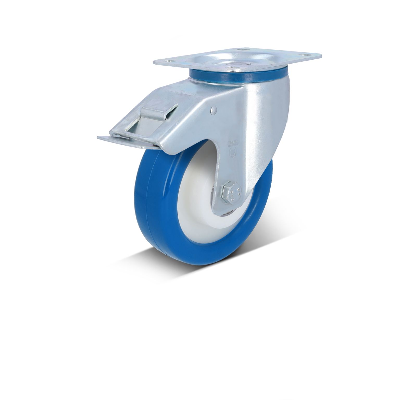 Ein blauer Gummirollen mit einem silbernen Metallgehäuse und einer Montageplatte. Die Rolle ist in einem aufrechten Zustand positioniert, bereit zur Montage an einem Transportmittel.